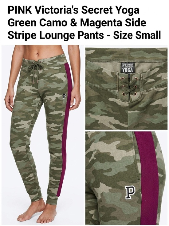 PINK Victoria's Secret Pants - PINK Victoria's Secret Yoga Green Camo/Magenta Side Stripe Lounge Pants Size S